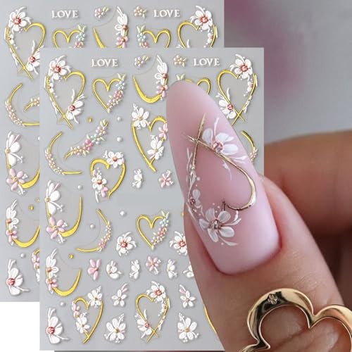 Floral Nail Stickers Gold Heart Nail Decals Spring Nail Art Flower & Heart