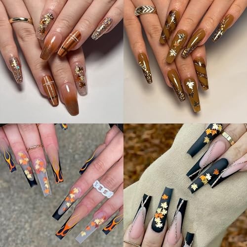 6-Grids Fall Maple Leaf Nail Art Glitter Sequins 3D Holographic Gold Orange