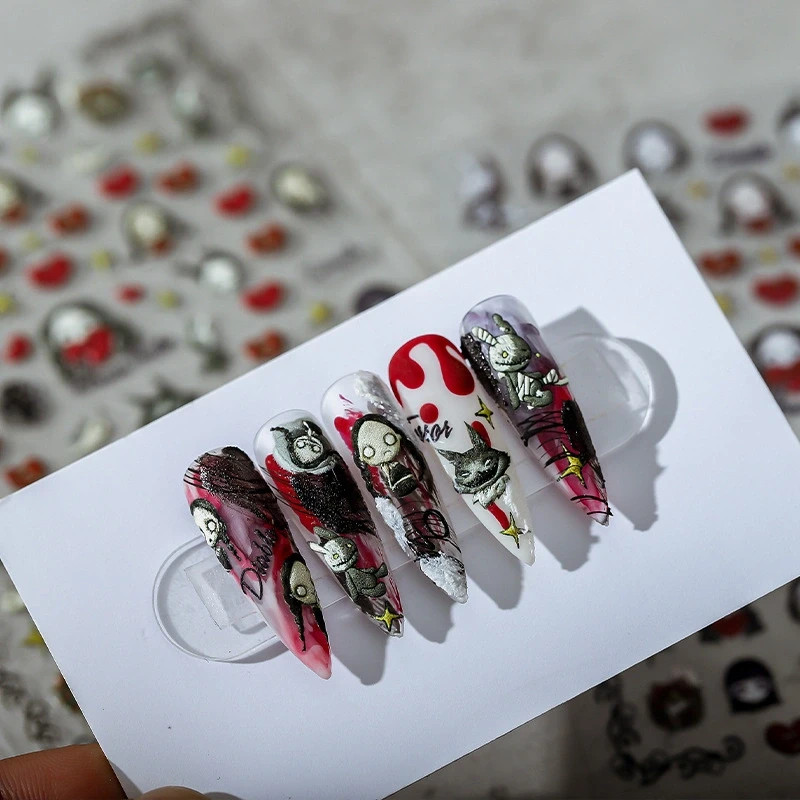 Gothic Halloween Nail Stickers – Horror Cartoon, Red Hearts & Gold Stars (363)