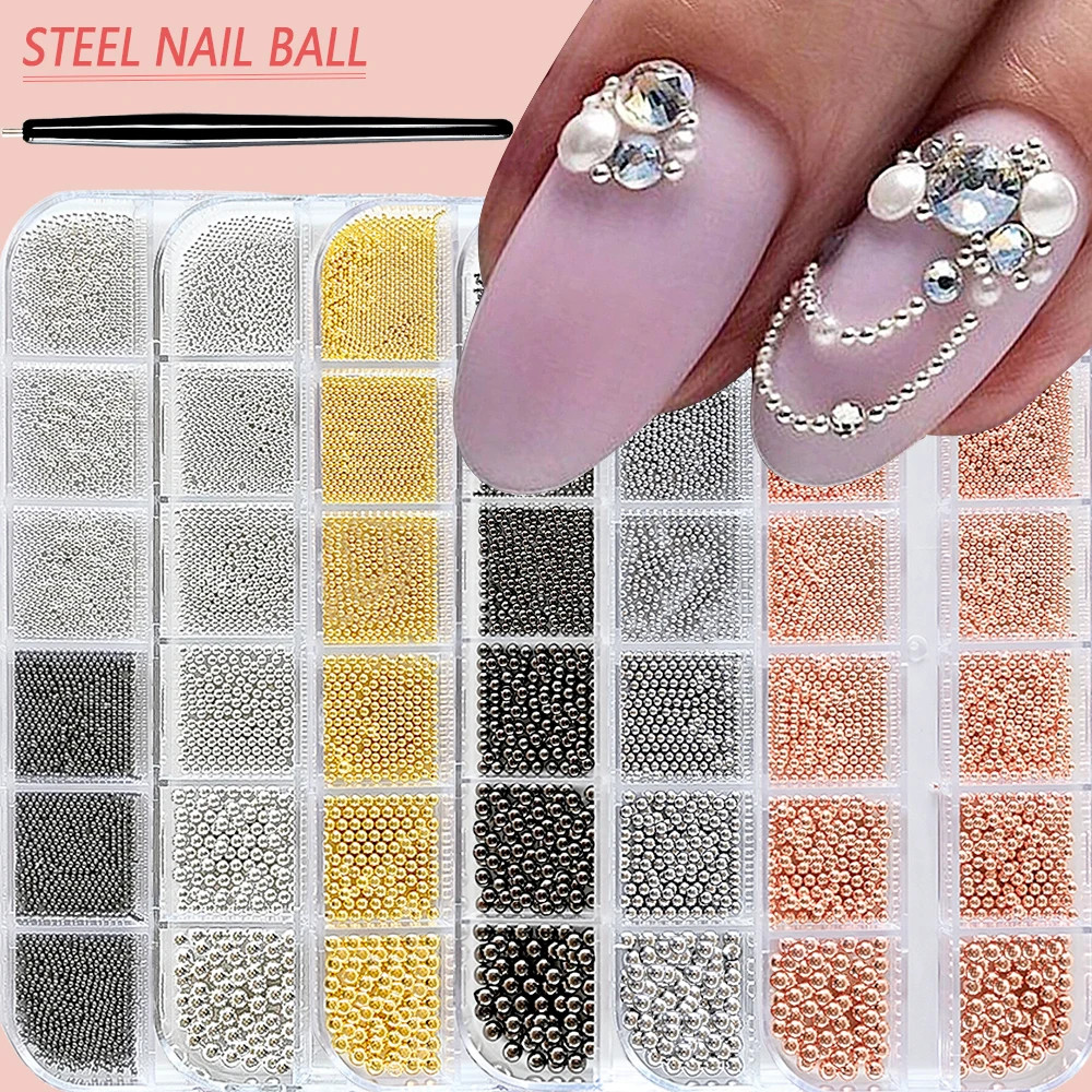 12Grids Mini Caviar Beads Nail Art Decorations Metal Gold/Silver Micro Ball Nail