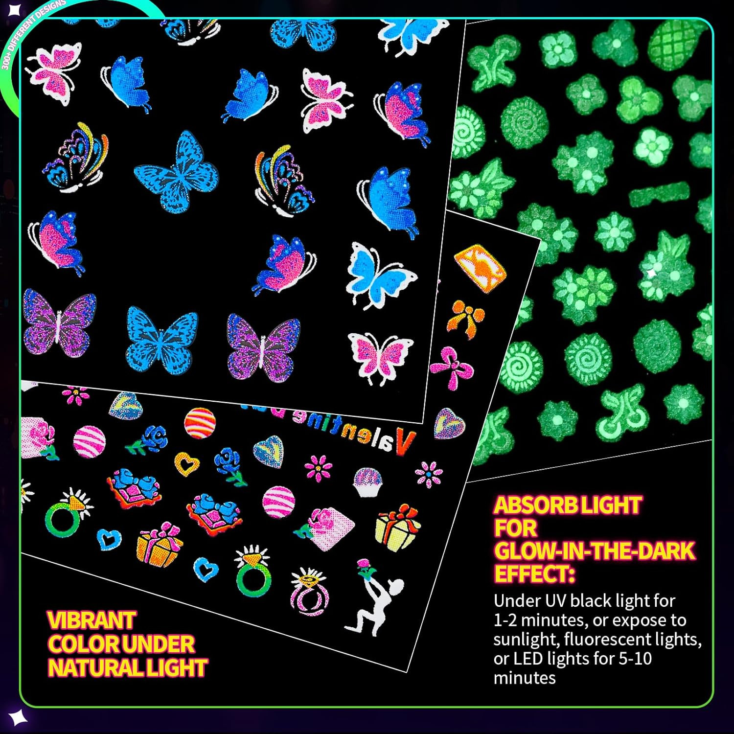 50 Sheets Glow in the Dark Nail Stickers for Kids, Girls Flower Nail Art Sticker