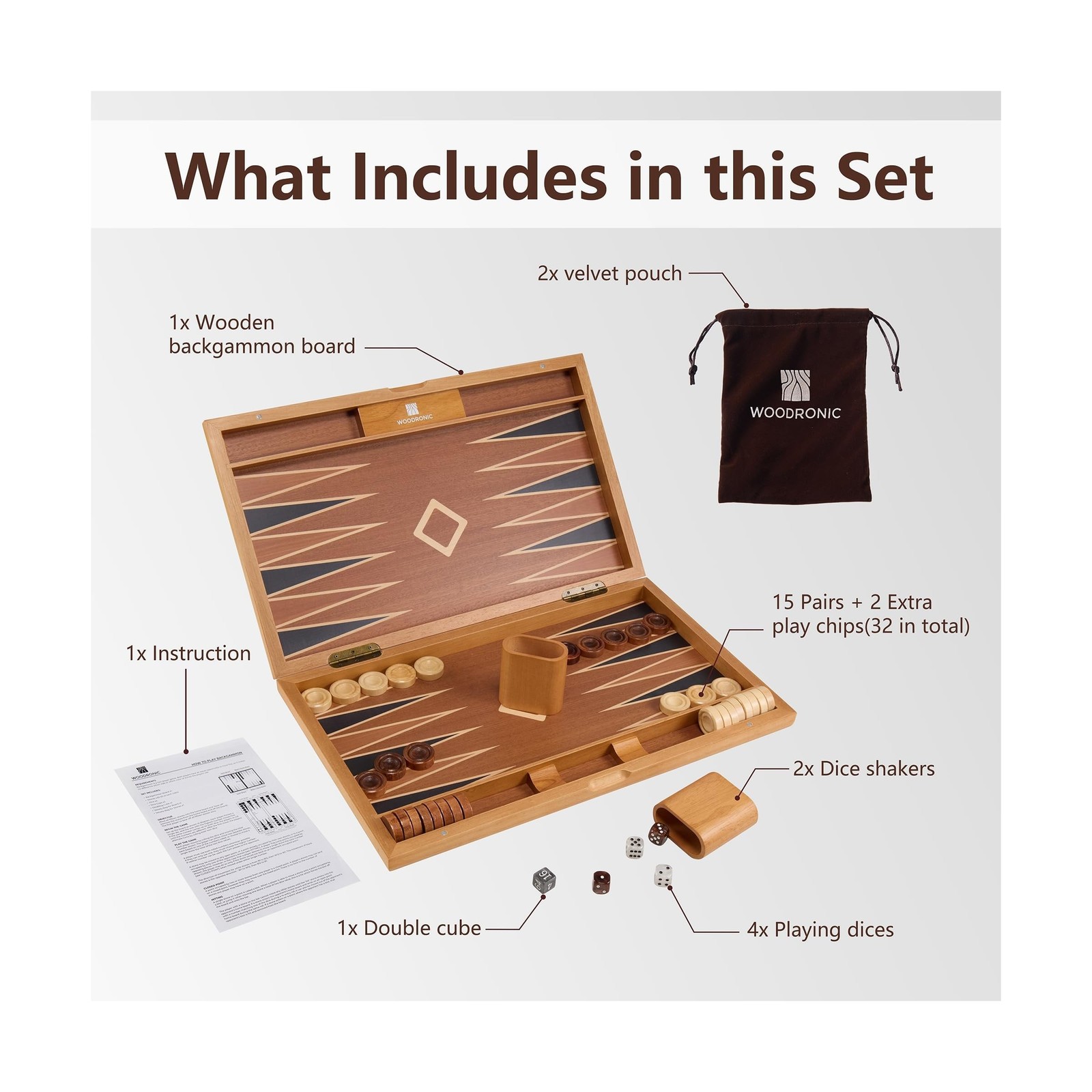 Wooden Backgammon Set for Adults – 19 Inch Classic Board Game Case – Premi