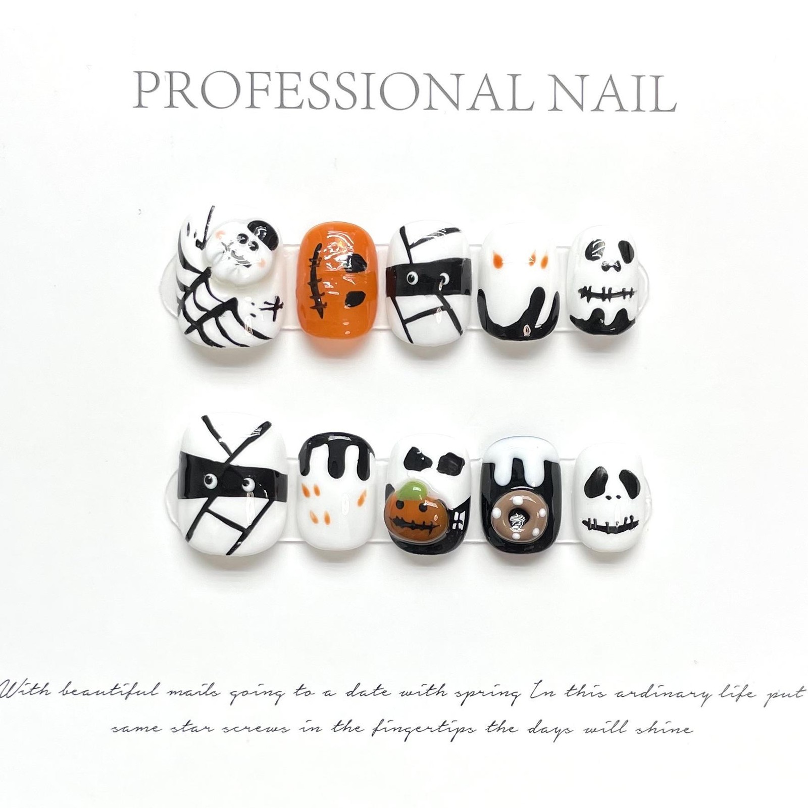 Handmade Halloween Funny 3D Skull Cartoon Ghost Face Fake Nail Press On Nail Set