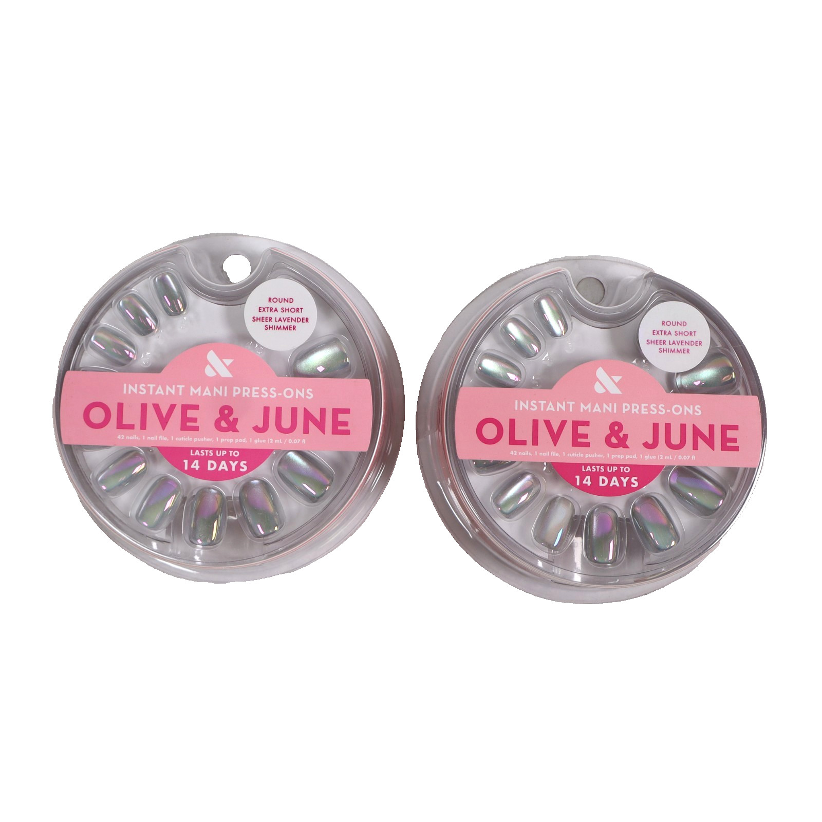 2 PACK Olive & June Press-On Fake Nails, XS Round, Sheer Lavender Shimmer, 42ct