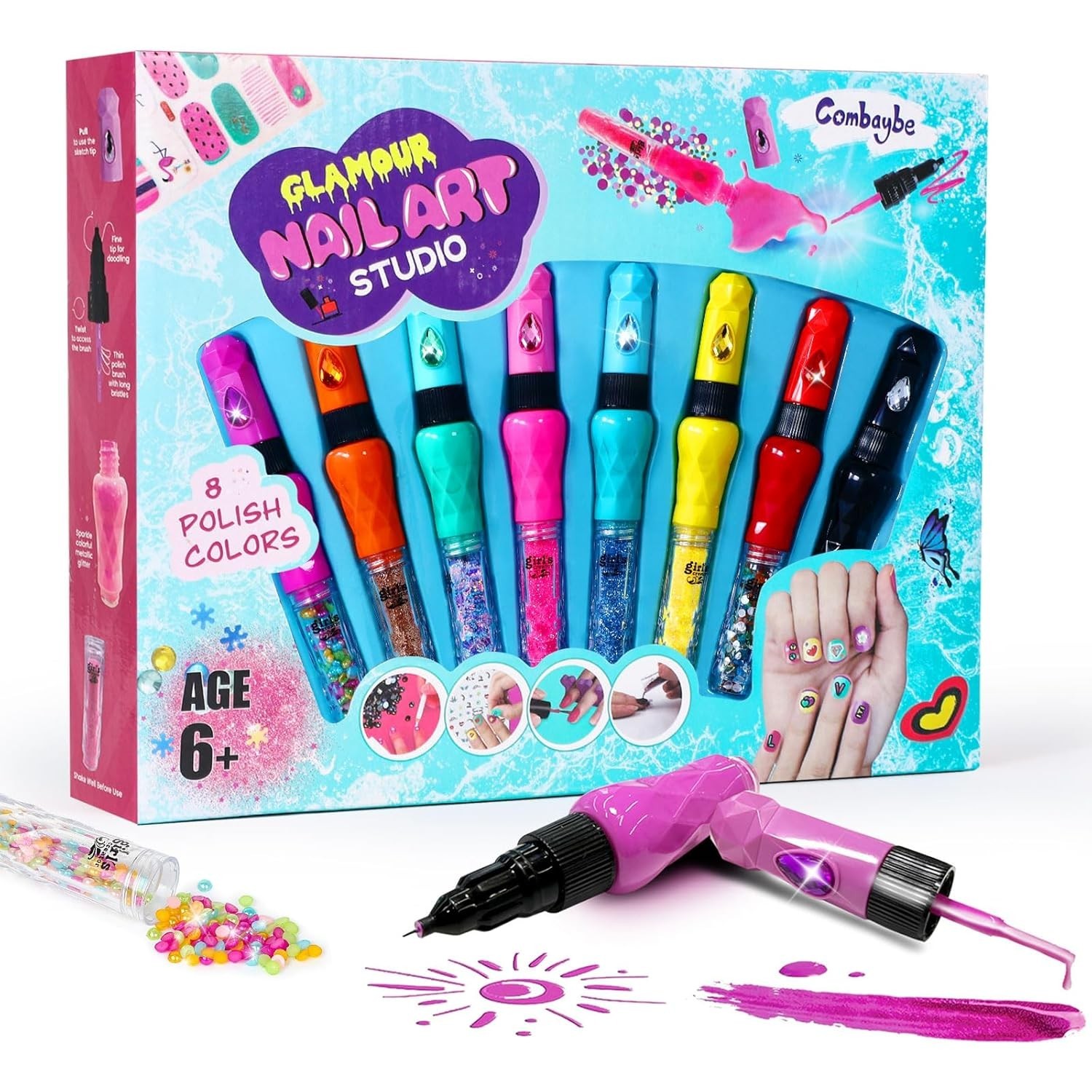 Nail Art Pen Set for Kids, Non-Toxic Nail Polish Glitter Doodle Tip, Nail Art