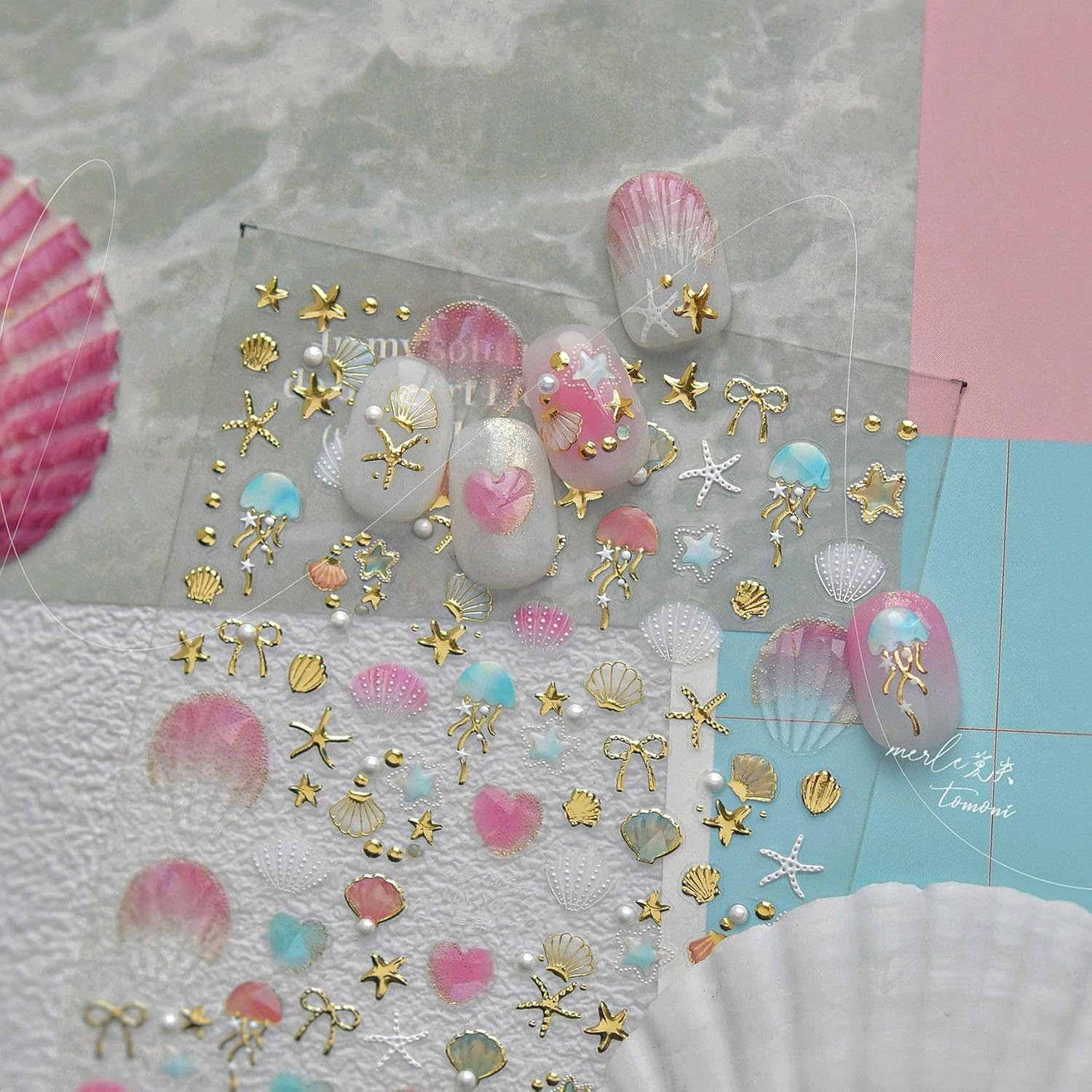 Laser Pearl Seashell Nail Stickers 5D Embossed Gold Ocean Nail Decals Self-Adhes