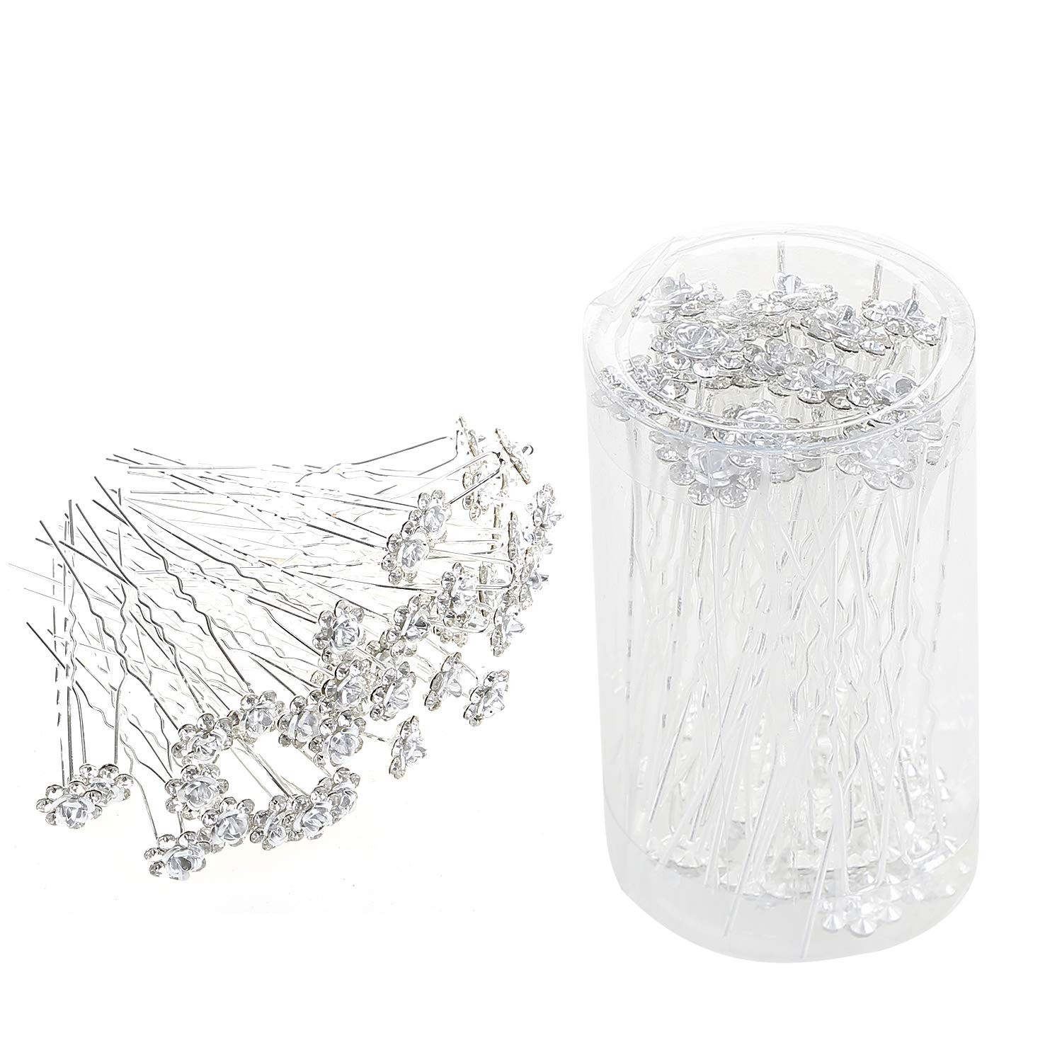 BETITETO 40 Pcs U-Shaped Flower Rhinestone Hair Pins Crystal White