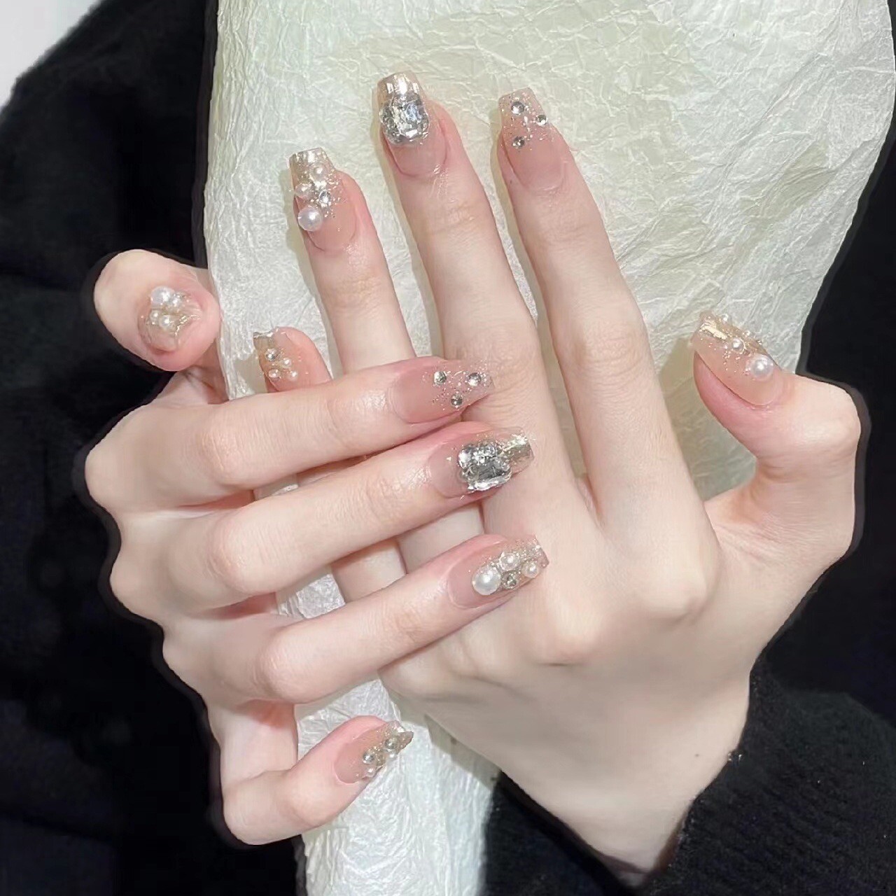 Press On Nails Handmade Champagne Pearl Rhinestone Flashing Medium Coffin S M L