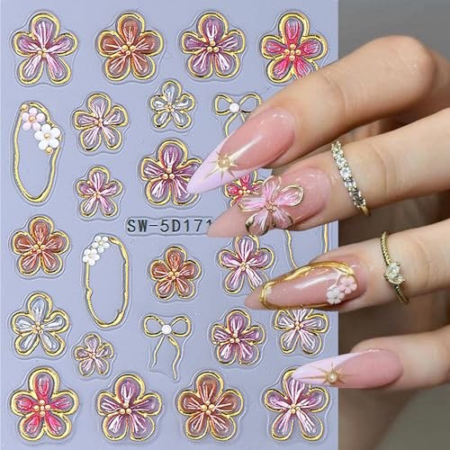 Flower Nail Art Stickers Decals 6PCS 5D Embossed Hibiscus Nail Stickers Self