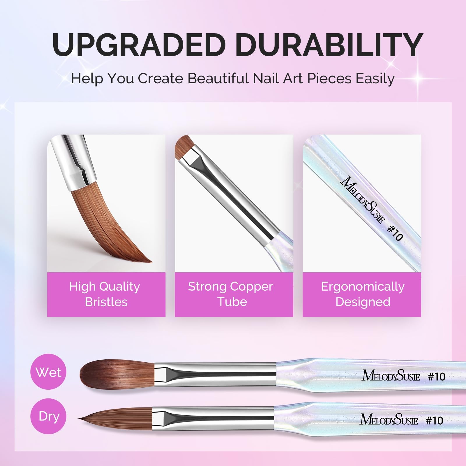 MelodySusie Acrylic Nail Brush Set, Size 8,10,14 Transparent Nail Brushes wit…