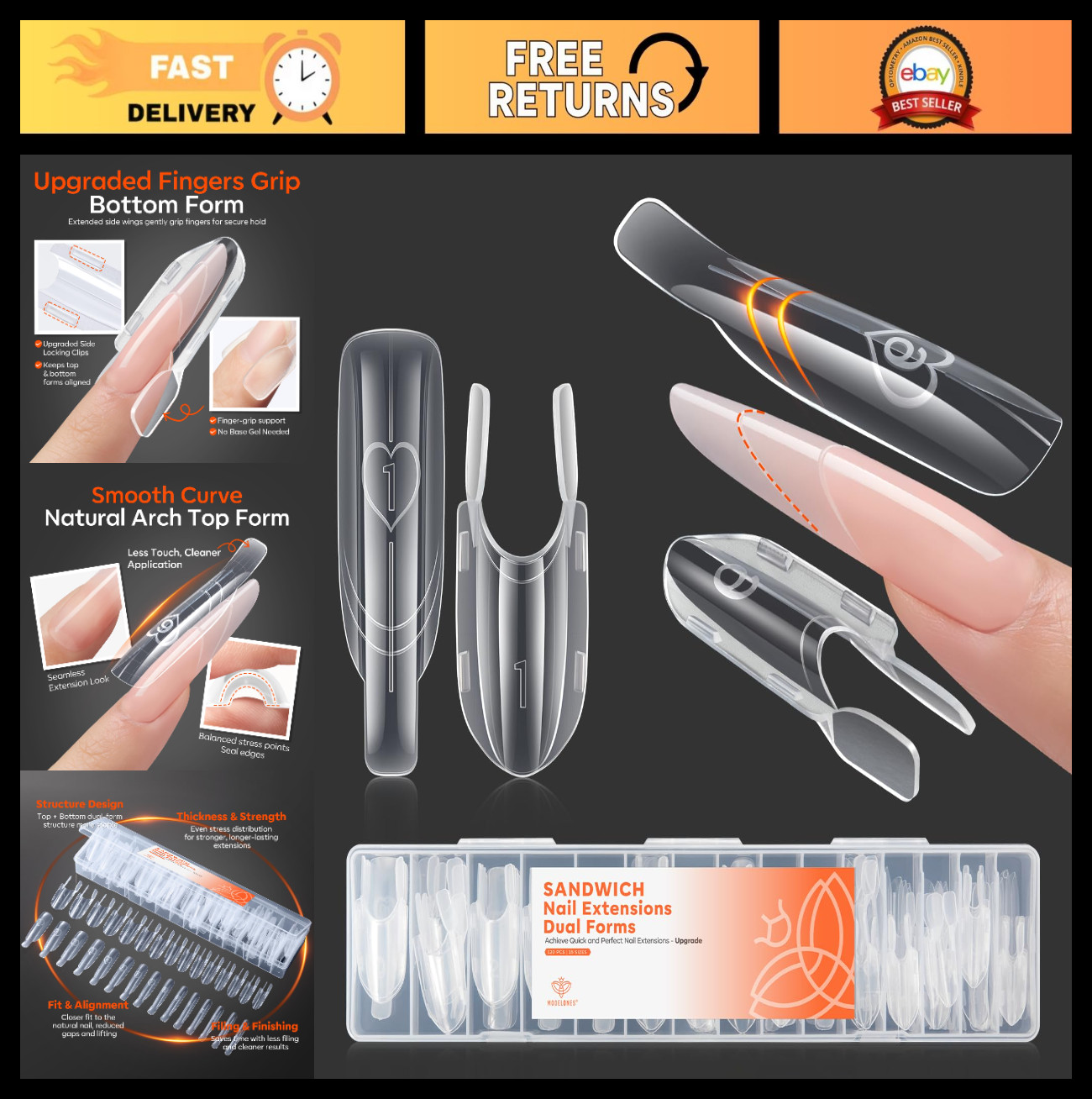 120pcs Dual Nail Forms – Almond Oval, Reusable Gel Extensions, Side Lock Clips