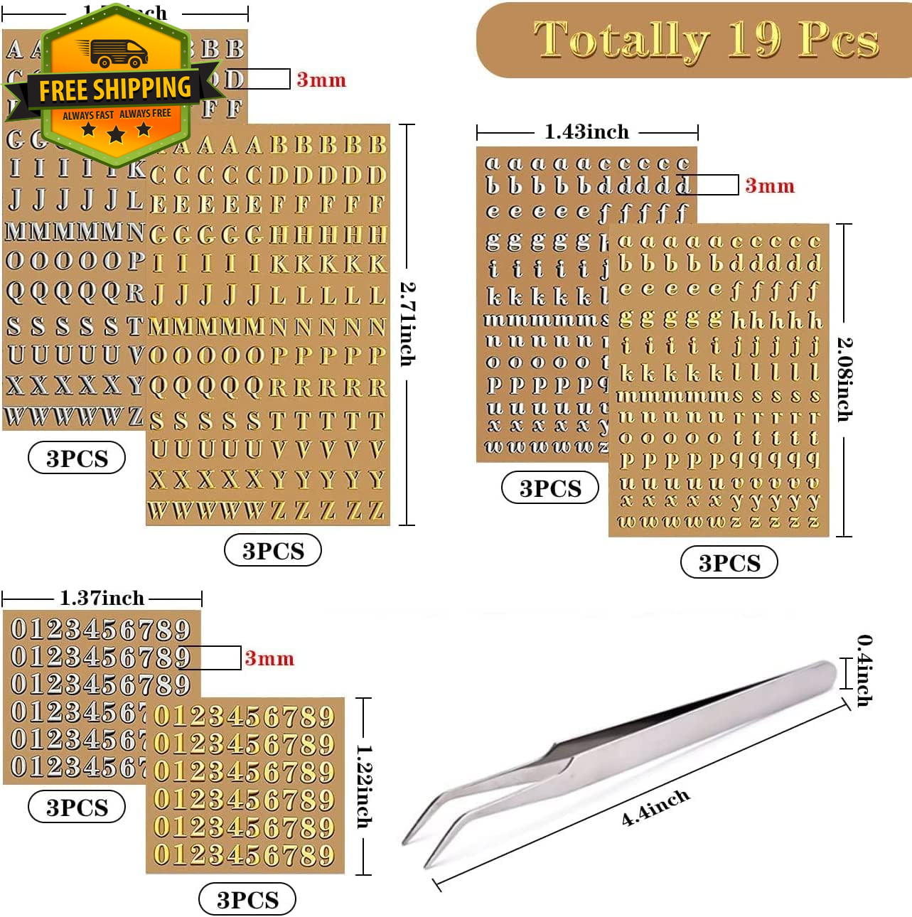 18 Sheets Mini Gold Silver Letter Stickers Nail Art Resin Craft Tweezers