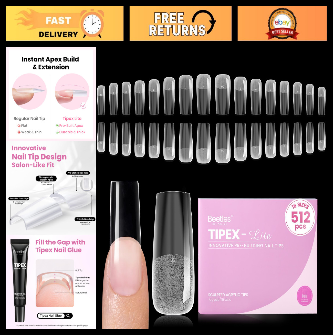 Long Square Nail Tips 512pcs – No Builder Gel Needed, 16 Sizes for DIY Extension