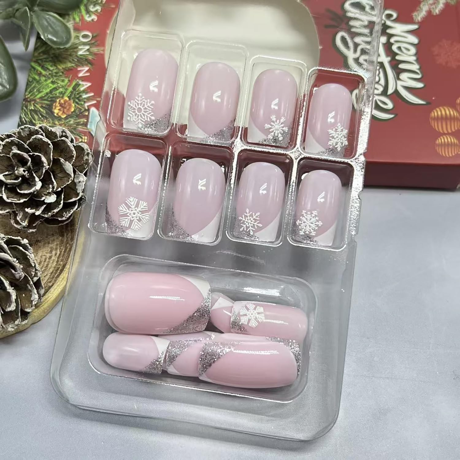 Christmas Press on Nails Medium Square Fake Nail with White Snowflake Designs…