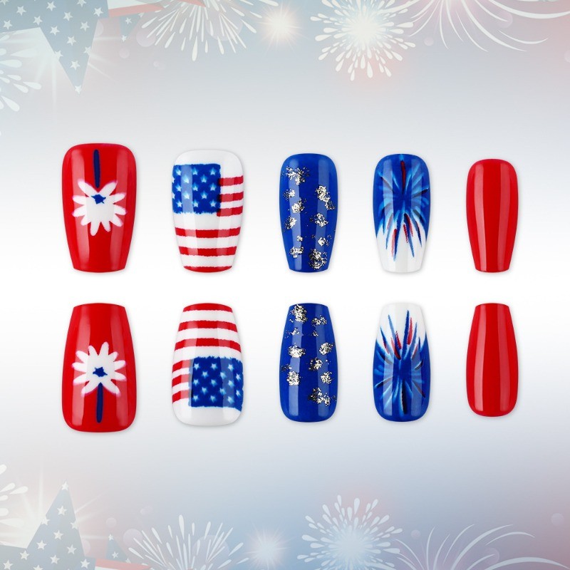 48pcs-4th of July Nails, Press on Square with Red, White & Blue Firework Art
