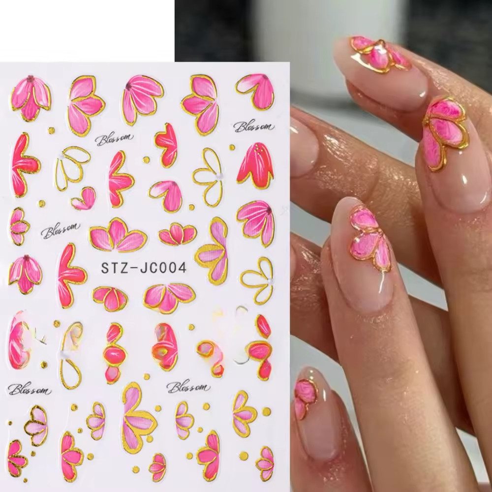 3D Pink Gold Flower Nail Stickers Metallic Floral Sakura Nail Art Decals DIY