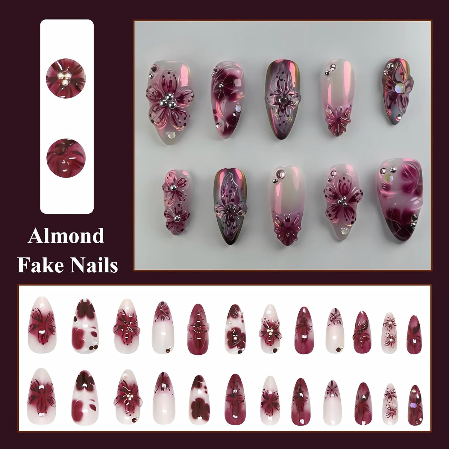 Press on Nails – Medium Almond Fake Nails with Purple Acrylic Handmade 3D Flower