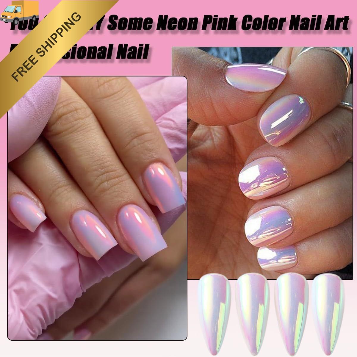 Holographic Unicorn Chrome Nail Powder, Aurora Rainbow Neon Pigment Pink