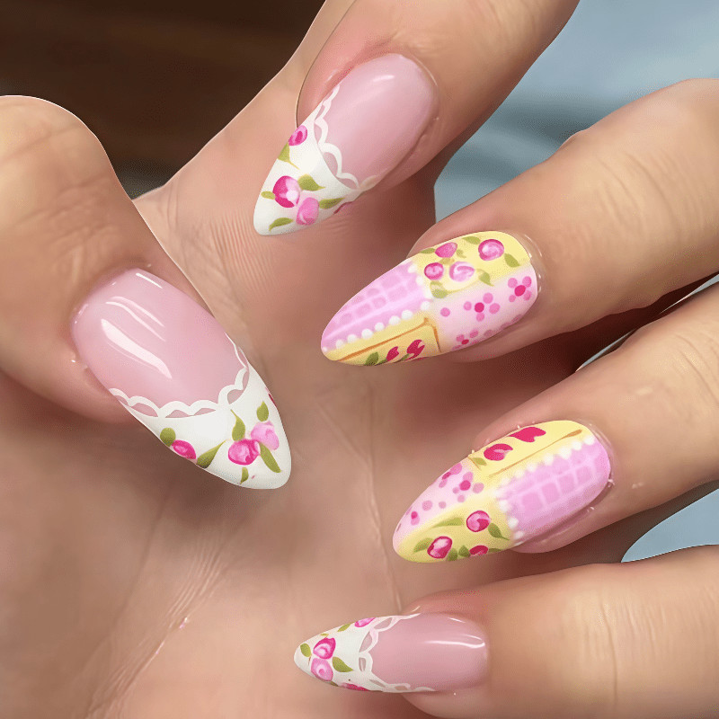 48Pcs-Medium Almond Pink Lace Hand Painted Rose Cake Design Cute Press on Nails