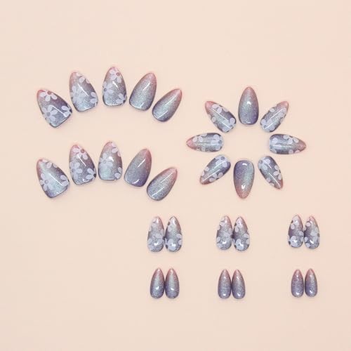 Gradient Cat Eye Press on Nails – Flower Acrylic Fake Sparkly Ombre Stick