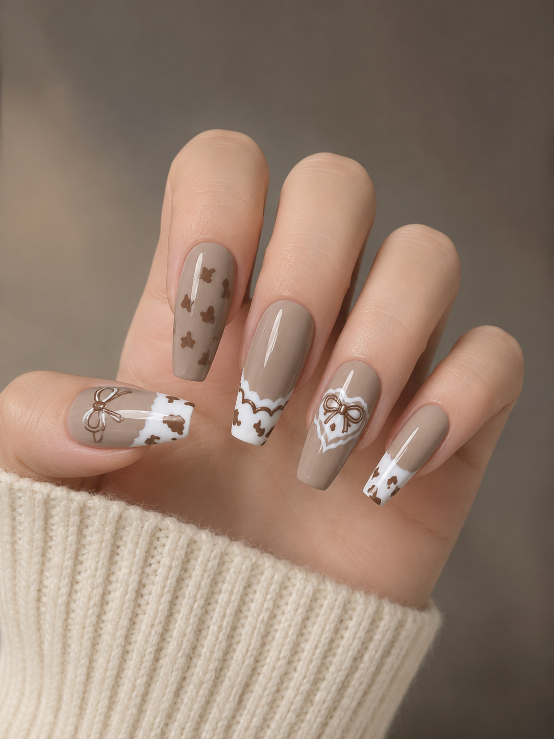 Warm Taupe Nude Coquette Bow Press-On Nails – Glossy Coffin Nails – Medium