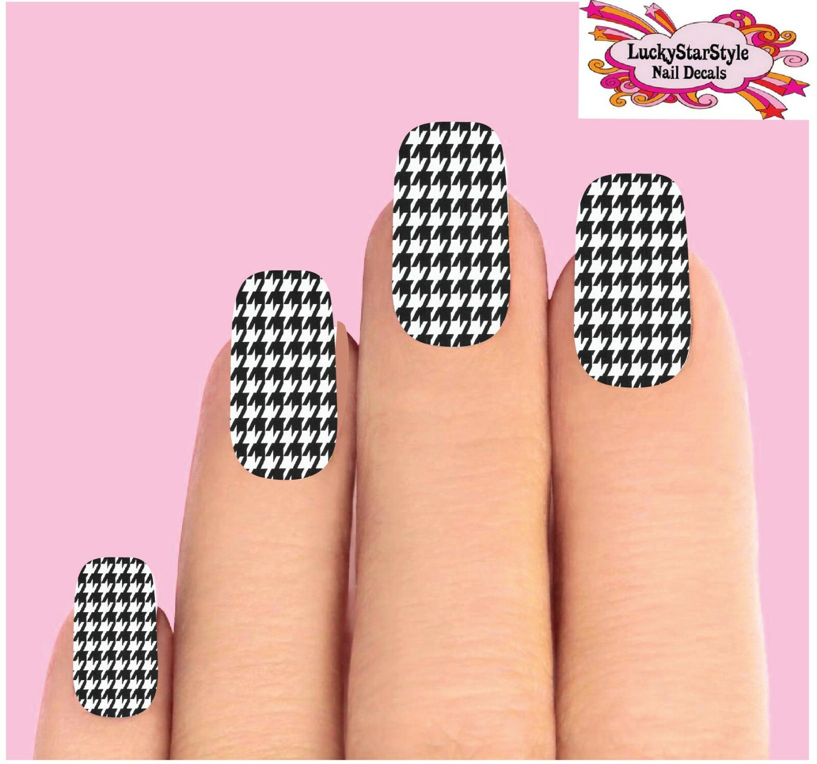 Waterslide Full Nail Decals Set of 10 – Houndstooth Black & Clear