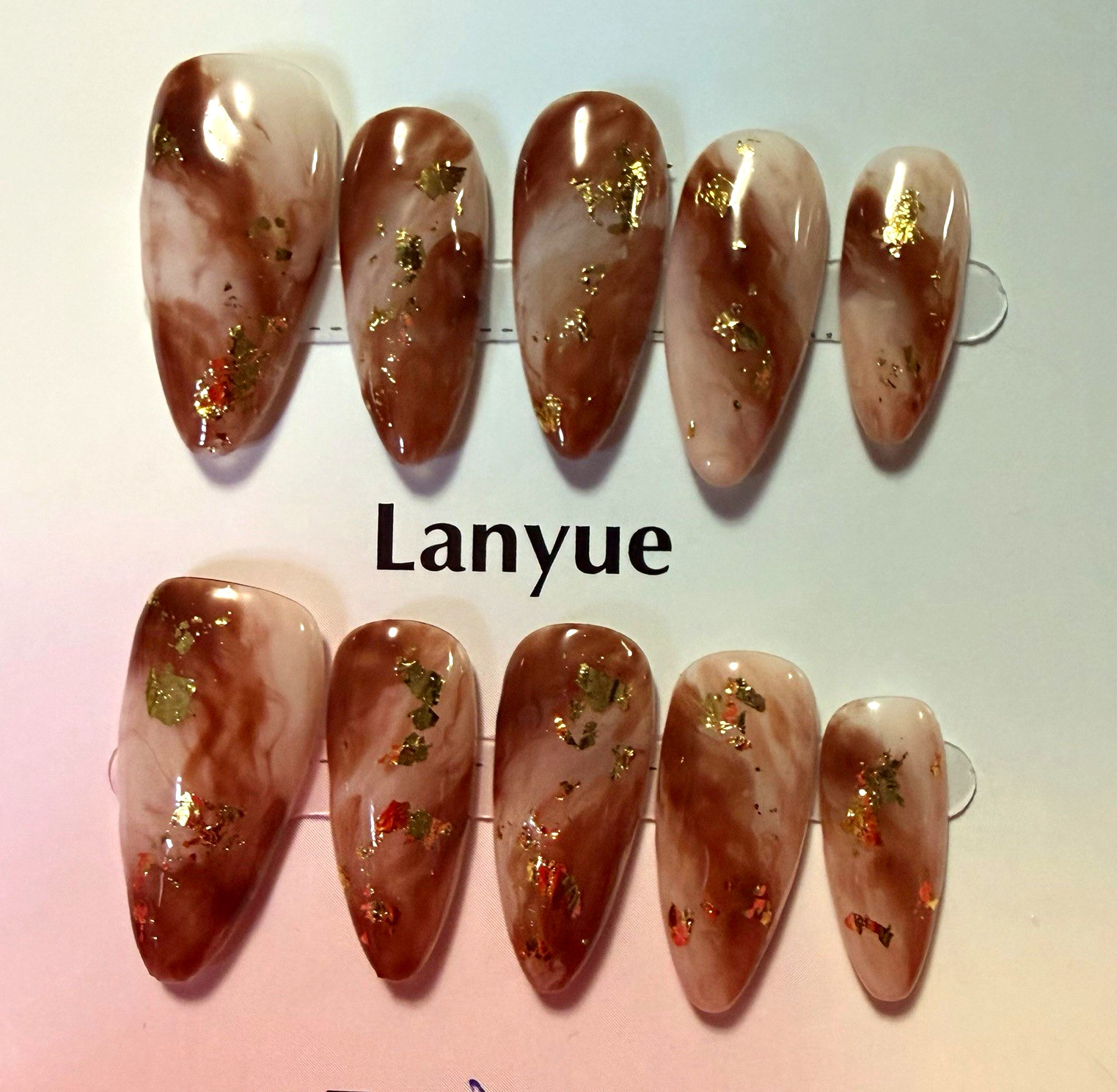 Lanyue Brown/Beige/Gold Marble Almond Press-On Nails, Medium, Glitter Acrylic