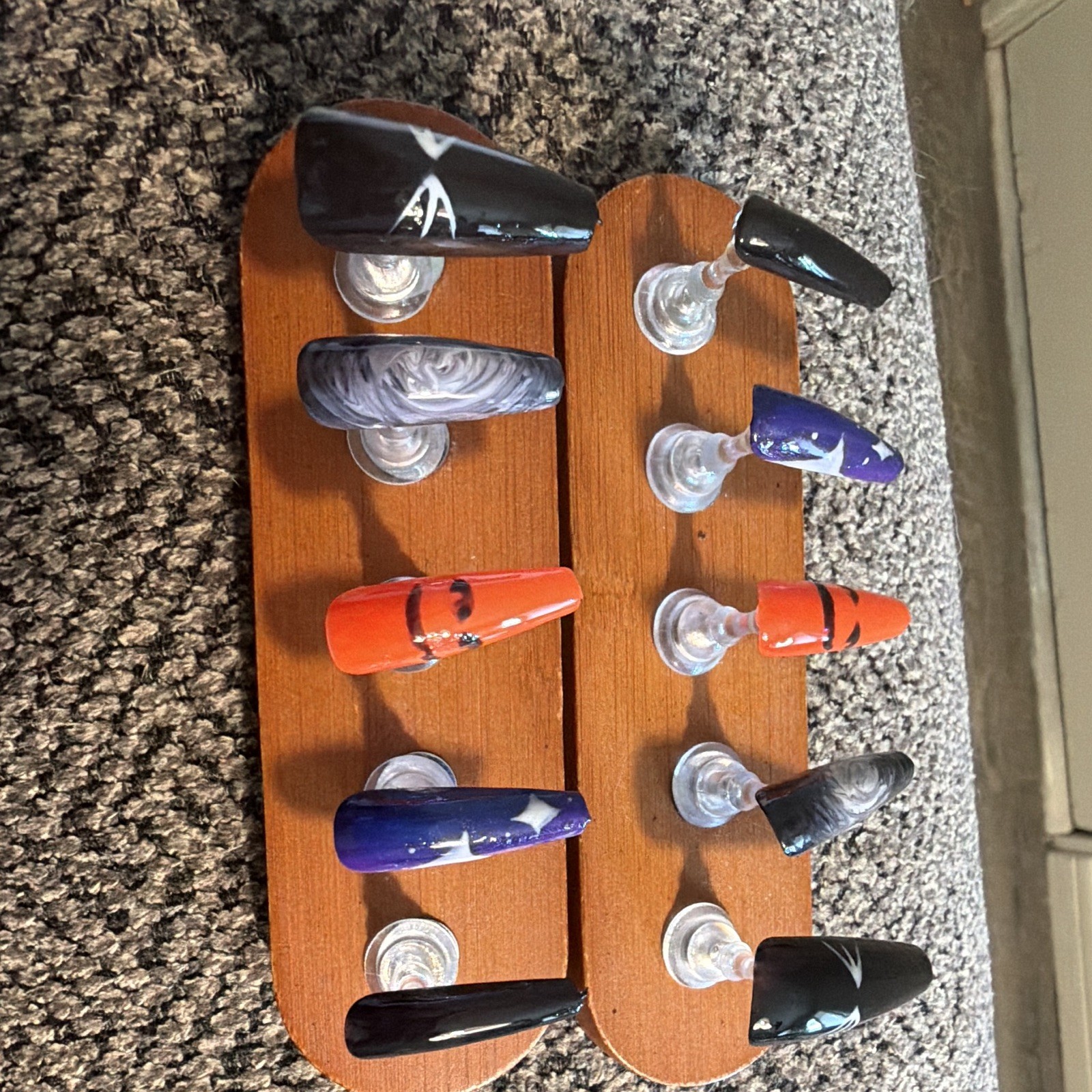 Long Coffin Press-On Nails Black/Orange/Purple Stars Pre-Designed Shiny