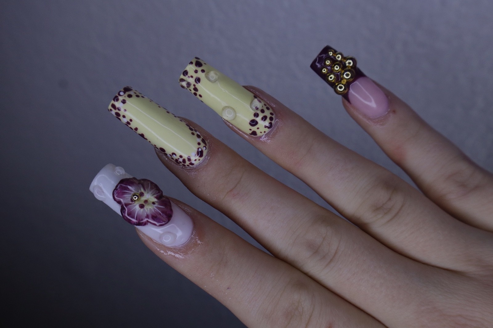 Handmade Press On Nails Yellow Purple Pink Flowers