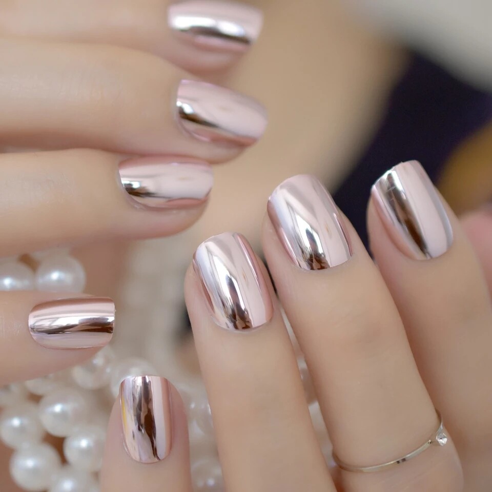 Light Pink Chrome Press On Nails Short Mirror Silver metallic GLUE ON