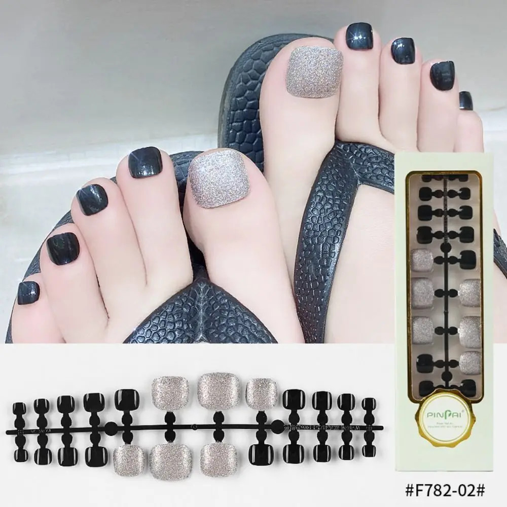 24pcs Sequins Full Cover Short Square Artificial Fake Toenails for Women Foot