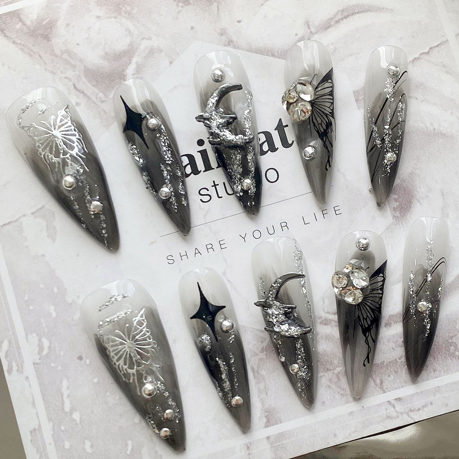 Black Moon Butterfly Halloween Fake Nail,Rhinestone Stiletto Press On False Nail