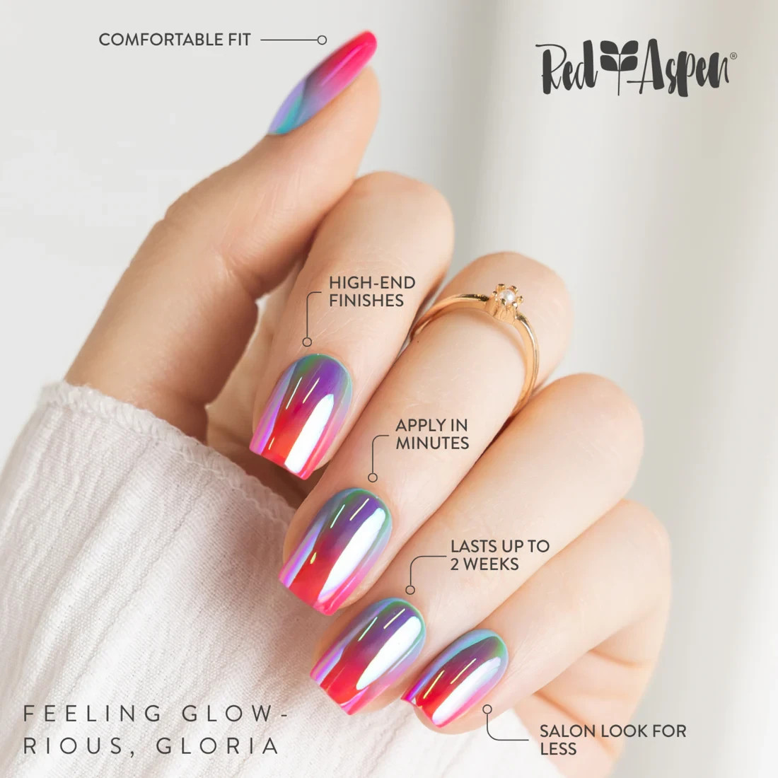 Red Aspen Press On Nails – Feeling Glow-rious, Gloria | Short Coffin | Pink Blue