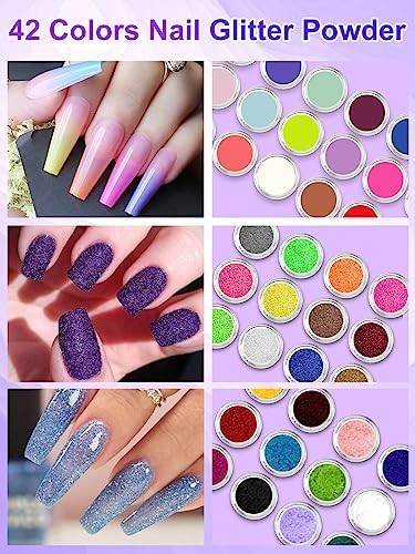 Acrylic Nail Kit for Beginners – 42 Colors Glitter Powder, UV Light, Drill & Org