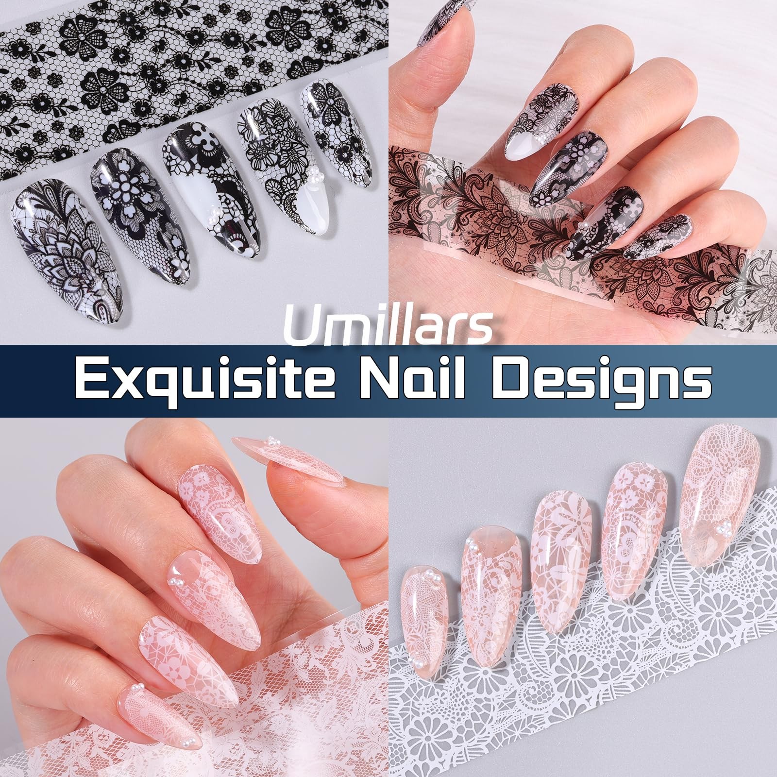 Umillars Lace Nail Foil Stickers White Black 15r