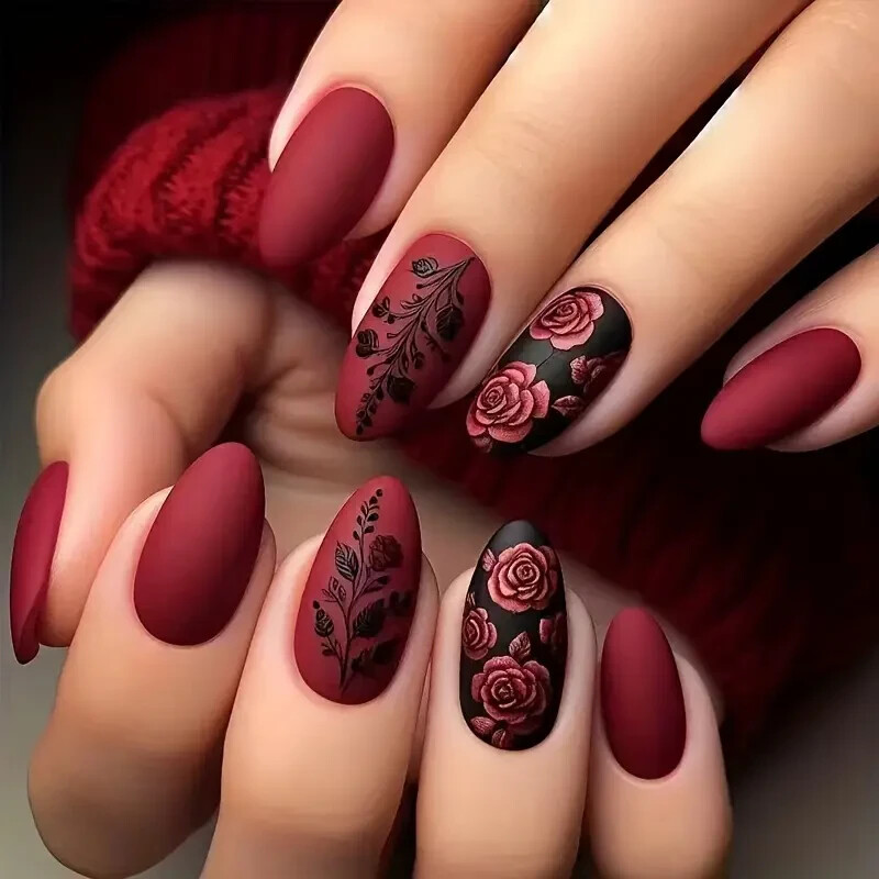 24pcs Dark Red Embossed Rose Press-On Nails, Mixed Color, Almond Shape, Short