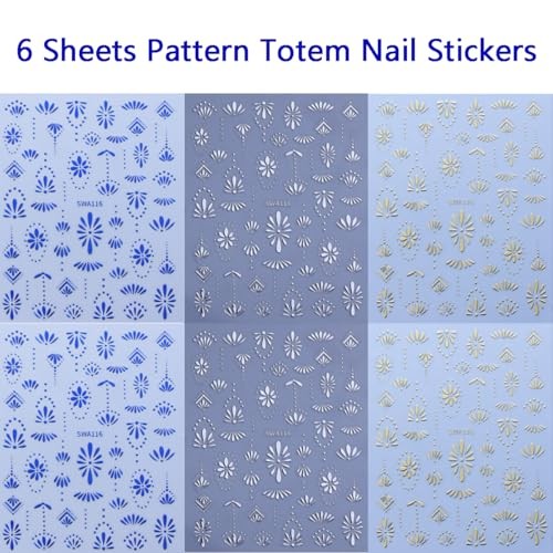 6 Sheets Flower Nail Stickers Decals Gold Nail Art Stickers 3D Flower-6