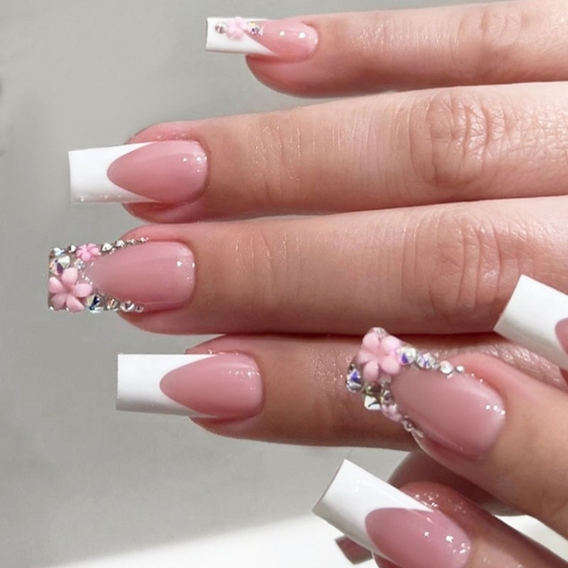 Unique 24Pcs Square Press On Nails with White French Tips and Embellishment
