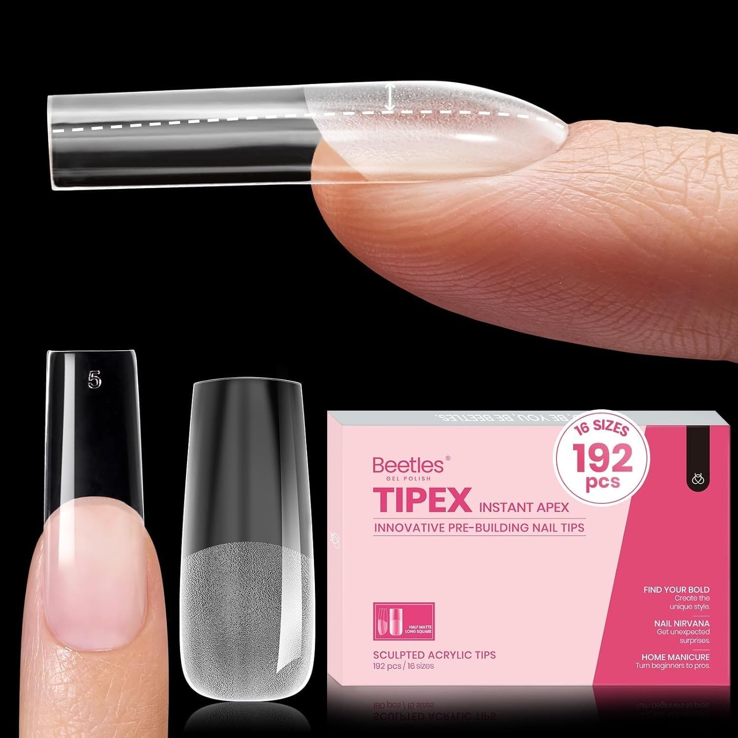 Strong Full Cover Press-On Nails – 192 Pcs Tipex Square Long Tips, Glossy Finish