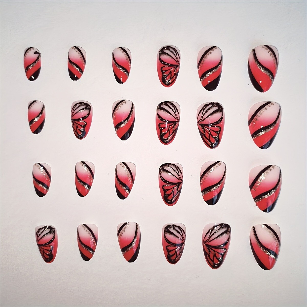 24pcs/set Short Almond Press On Nails French Fake Nails Glossy Acrylic Nails Red