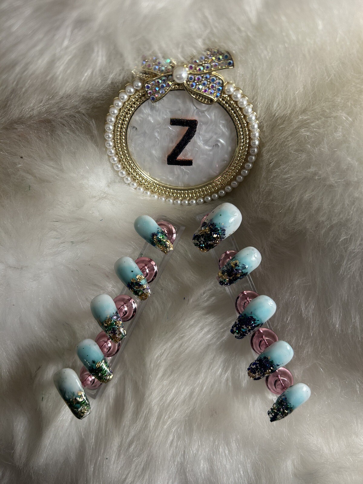 Z NAILZ! Handmade M Coffin Milky White W/ Mardi Gras Metallic Flakes Press Ons