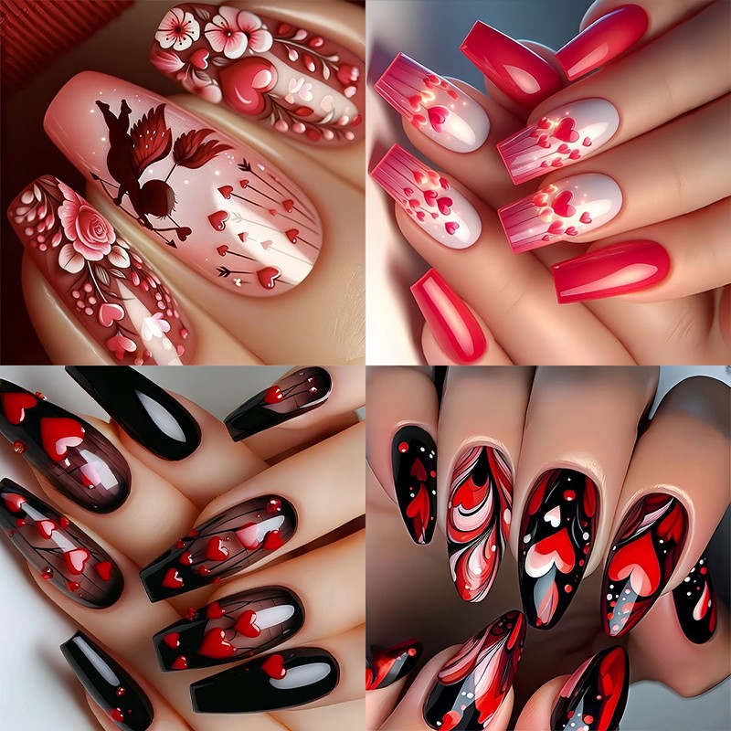 96Pcs Valentine’s Day Medium Ballet Press On Nails Cute Heart Cartoon Sweet