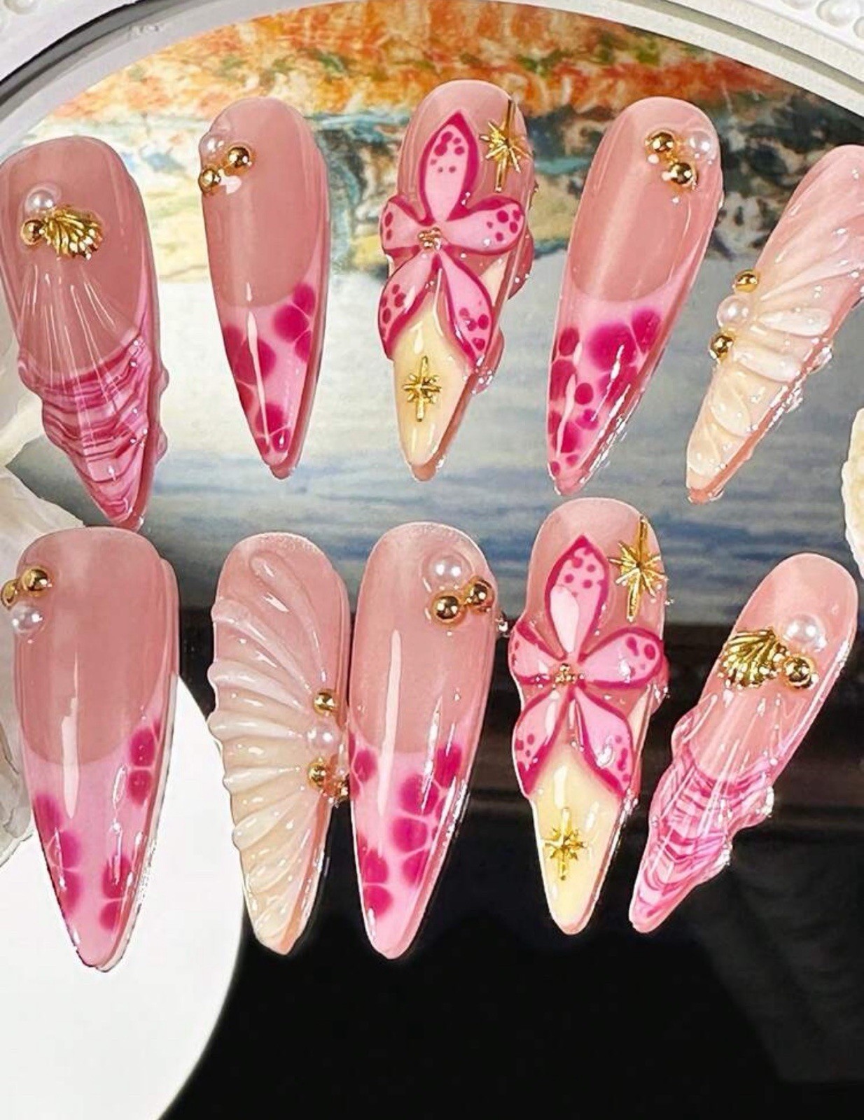 ENEN Medium Almond 3D Self-Adhesive Press-On Nails Pink White Gold Butterfly
