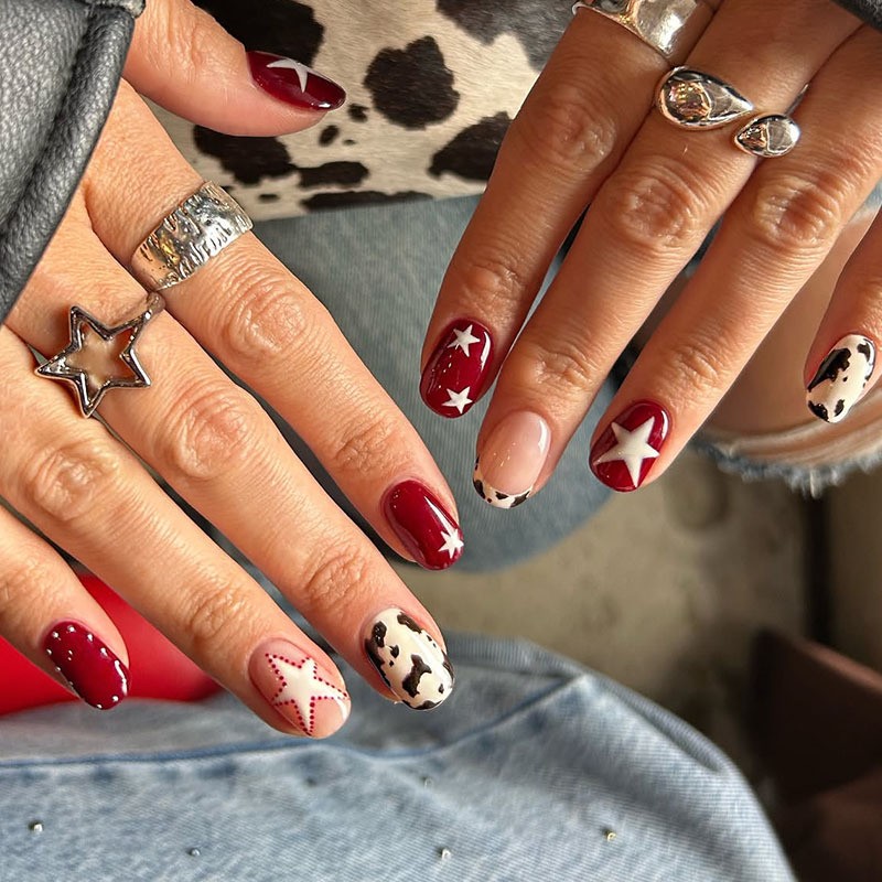 48 Pcs Red Cow Star Oval Press on Nails, Minimal Trendy Nude Daily Fake Nails