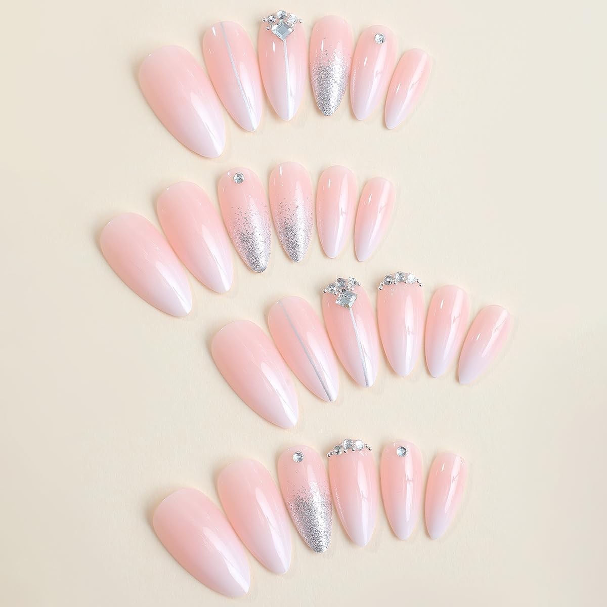 Silver Glitter Press on Nails French Tip Fake Nails Medium Almond False Nail …