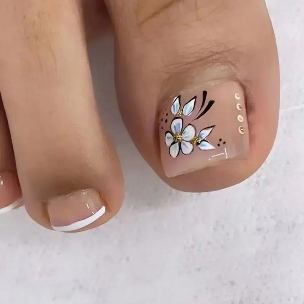 24pcs Sequins Full Cover Short Square Artificial Fake Toenails for Women Foot