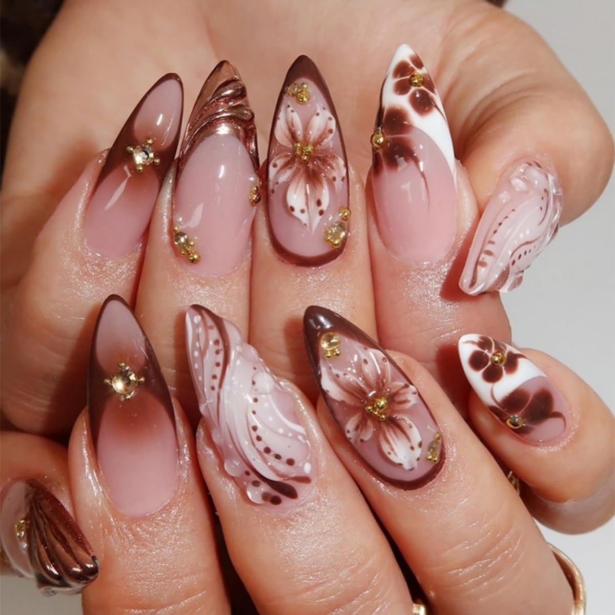 3D Flower Press on Nails Medium Almond Fake Water Medium, Style-4