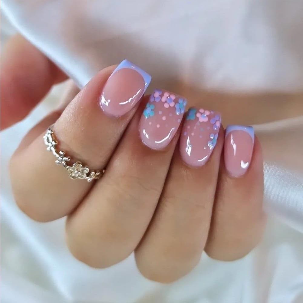24Pcs Short Square Press On Nails – Floral Colorful Artificial Fake Nails, Re…