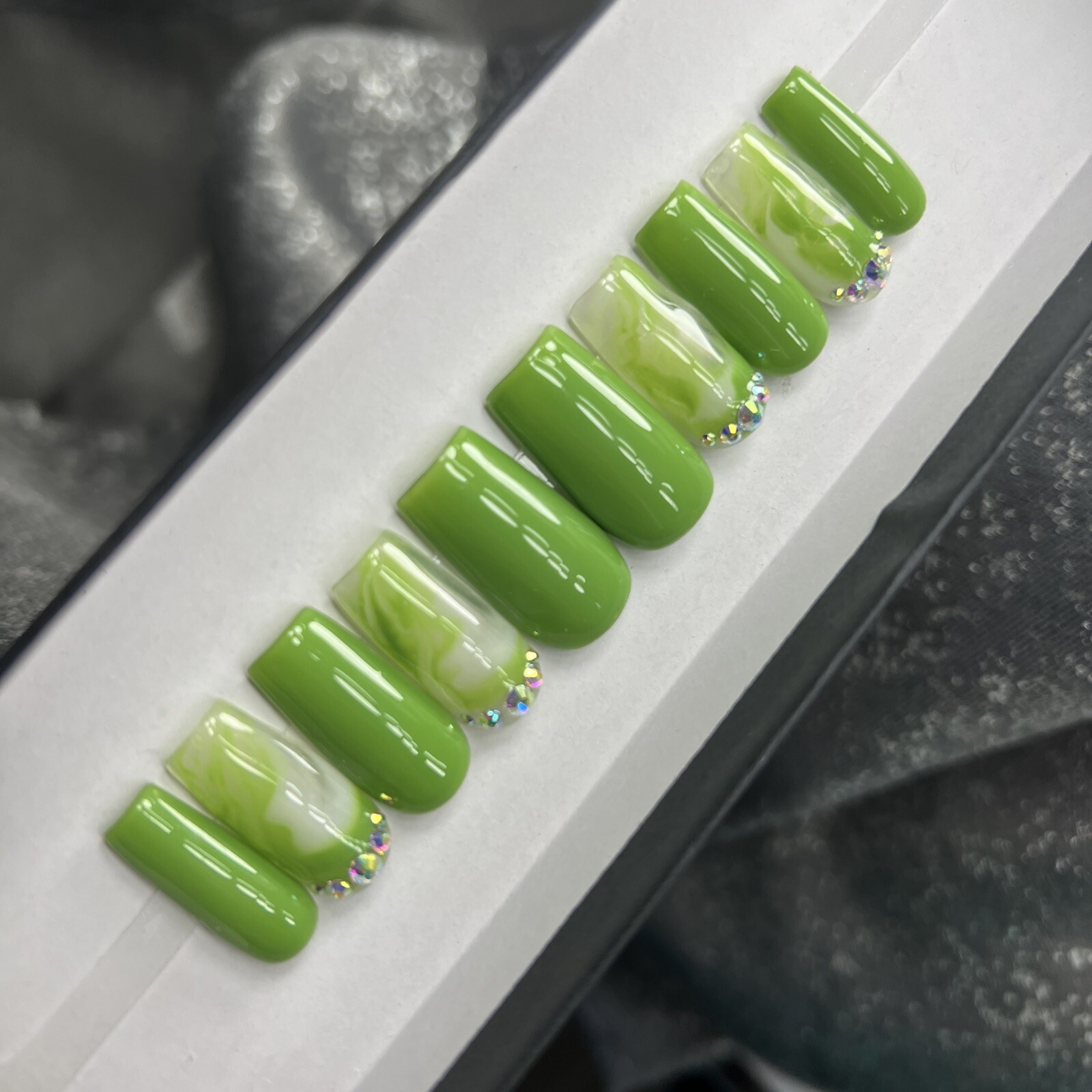 🍏 CUSTOM Gel Press On Nails, GREEN W/ BLING, 10p Set, FULL KIT, Medium Square