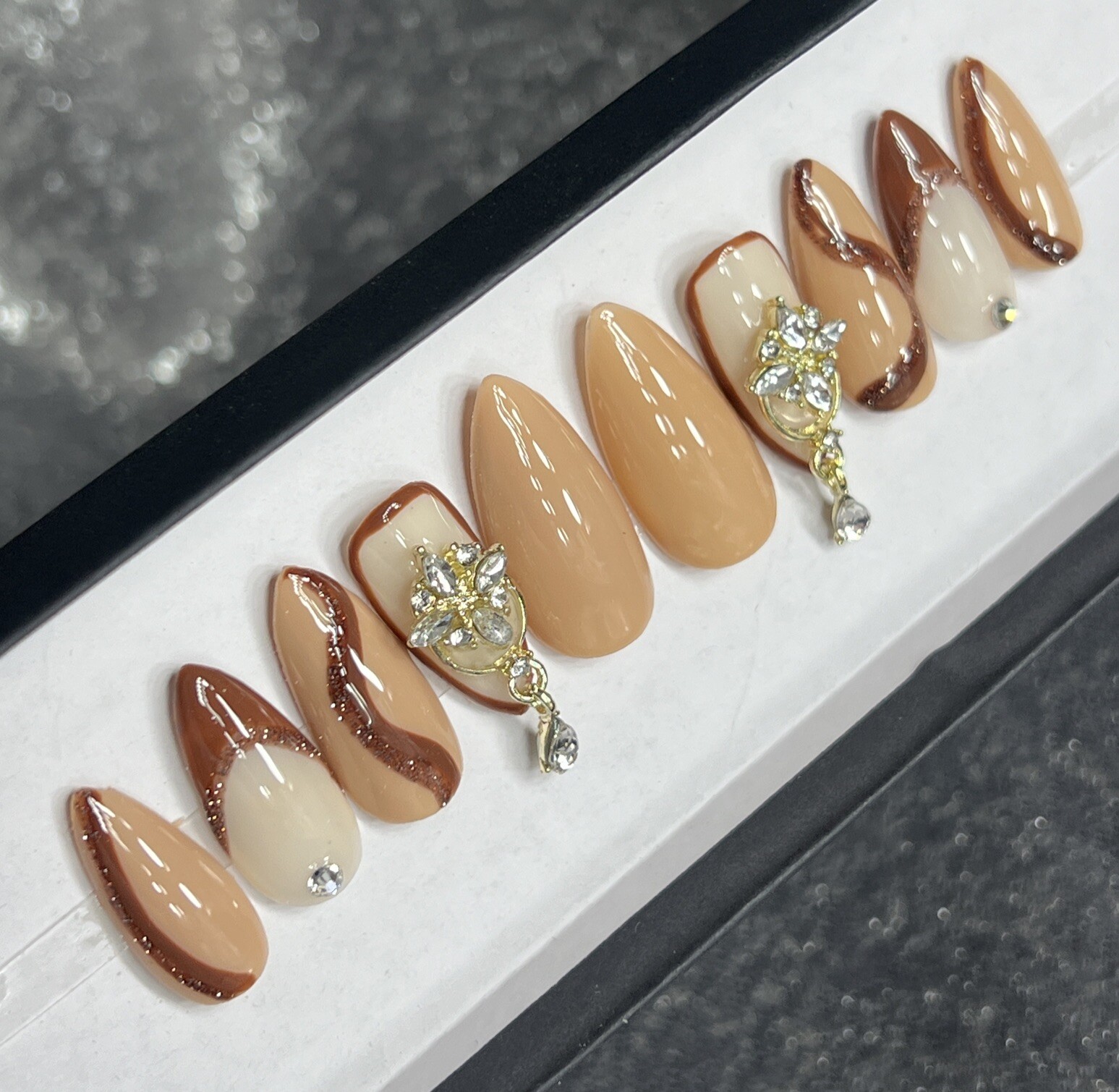 🤎 CUSTOM Gel Press On False Nails, NUDE BLING 10p Set Medium Stiletto W Kit